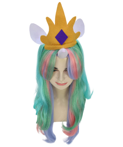 HPO Women’s Fantasy Unicorn-Inspired Long Pastel Rainbow Princess Wig with Horn and Crown | Halloween Wig | Flame-retardant Synthetic Fiber