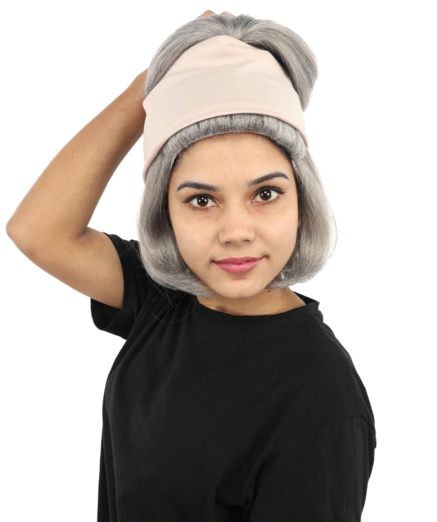 HPO Women’s 14” Grey Beehive Wig with Beige Headwrap | Capless Synthetic Hairpiece | Inspired Look for Halloween Cosplay and Party Events