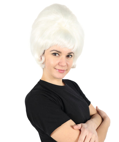 Women's Short and Groovy 60's Beehive Wig, 10" Inches Pure White Updo with Bangs Hair | HPO