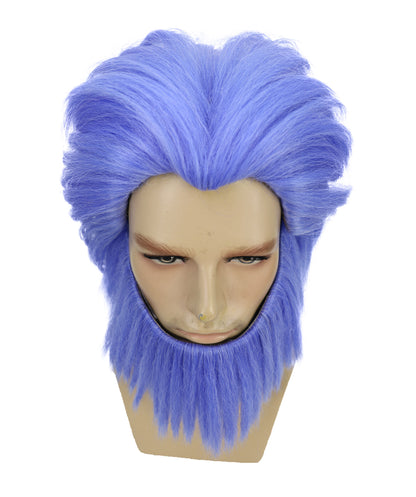 HPO Men's Short Wave Blue Mixed Beard and Wig | Bold Hair & Facial Hair for Halloween and Stage | Breatheble Capless Cap