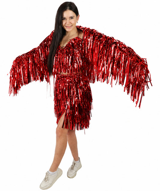 HPO Shimmering Disco Pop Star Costume | Multicolor Options | Holographic Iridescent Tinsel Cape Metallic Silver Leg Warmers Set | Retro Halloween Concert Cosplay Stage Performance Wardrobe Piece