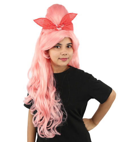 HPO Women’s Retro Beehive Wig with Red Bow | Multicolor Options | Extra Long Wavy Fancy Dress Accessory | Fancy Dress Accessory | Celebrity-Inspired Hair for Halloween, Cosplay & Music Tribute Parties