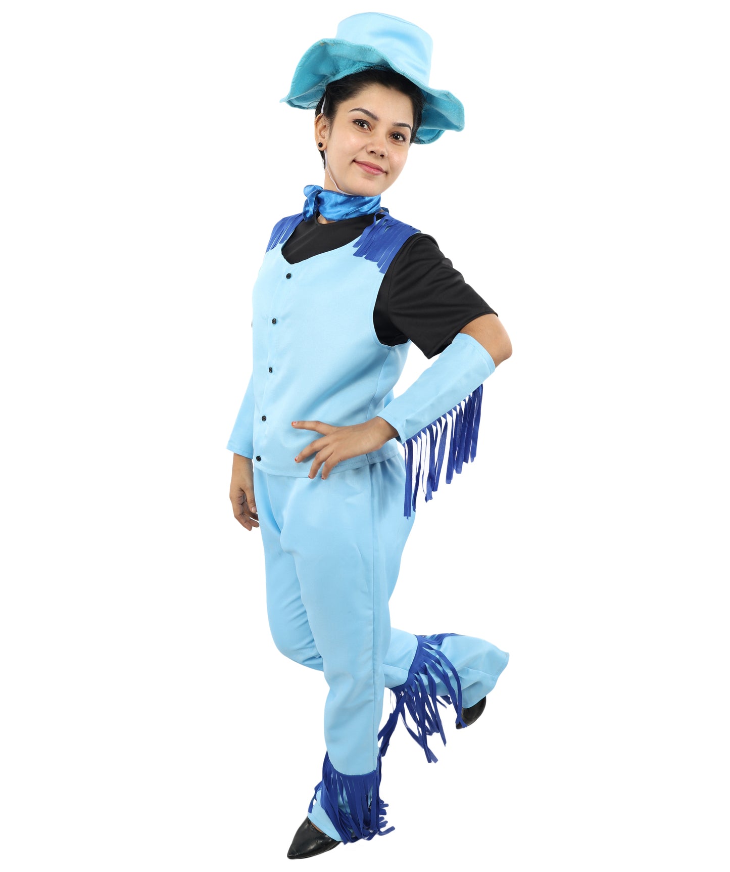 HPO Women's Western Cowgirl Costume – Blue & Black Rodeo Outfit with Hat, Vest, and Fringe Pants – Fashion wear for Party & Cosplay