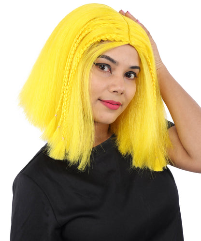 HPO Celebrity-Style 11 Inch Green Rooted Blonde Front Braided Straight Wig | Shoulder-Length Fun, Bold, and Stylish Hairpiece  | Ideal for Halloween, Cosplay, and Themed Parties