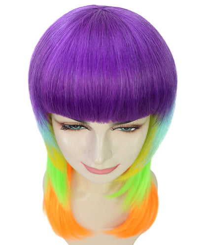 HPO Adult Women’s Vibrant Rainbow Prism Wig | Long Layered Multi-Colored Hair | Ideal for Halloween | Breathable Capless Cap