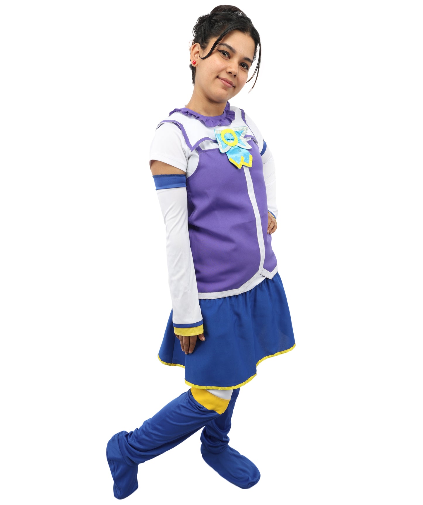 HPO Japanese Anime Fantasy Outfit | Vibrant Purple and Blue Ronior Jersey with Dress, Leg Socks, Bow, and Hand Gloves | Ideal for Cosplay, Halloween, and Performance