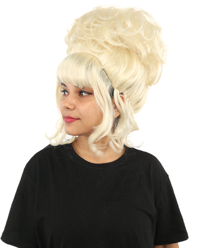 HPO Adult Women's Elegant Updo Tendril Wig | Multiple Color Options | Pastel peach hue, create of synthetic fiber, high teased volume with face-framing strands, breathable capless cap | Party, Halloween, theater, drag, performance, costume events