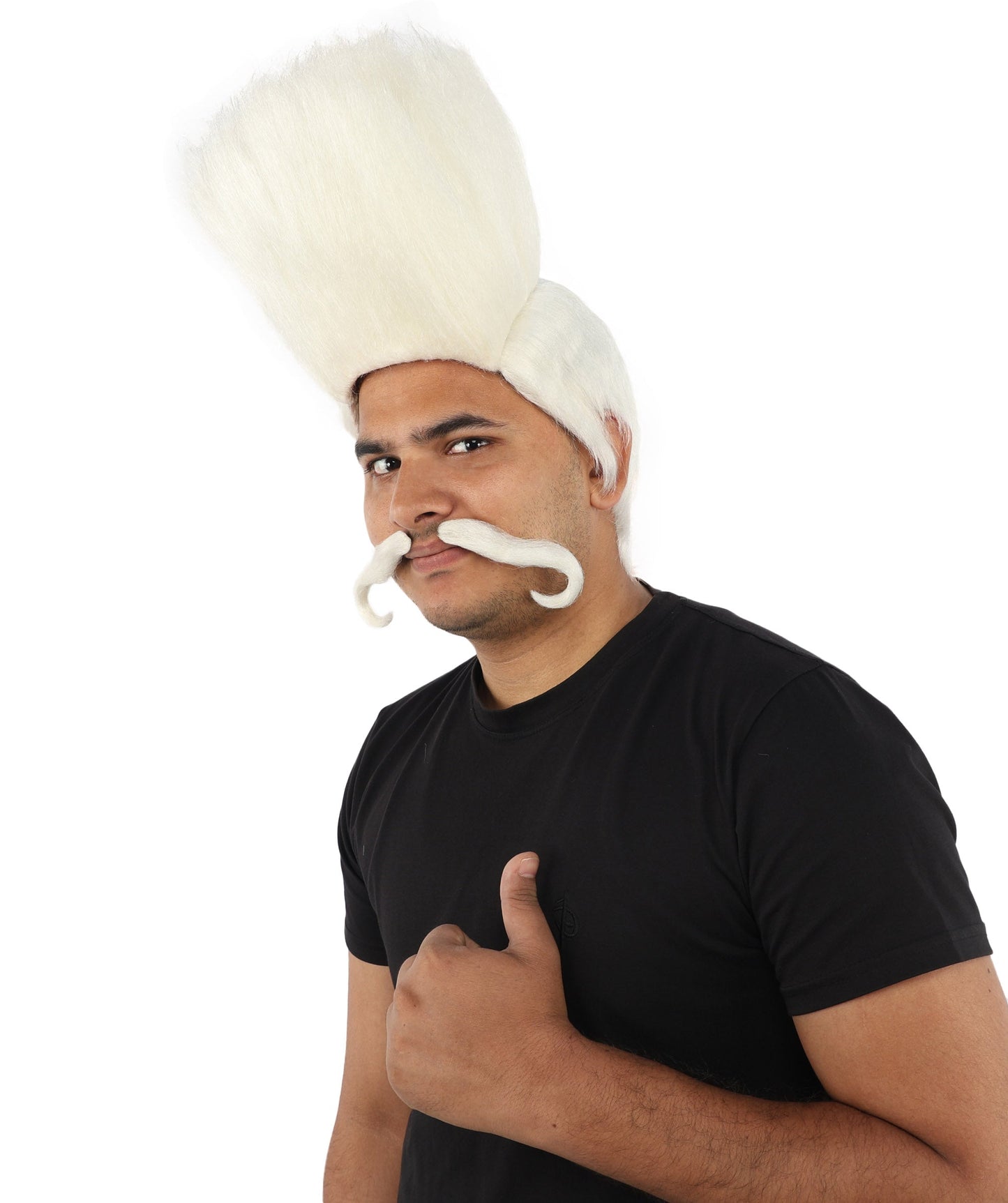 HPO Adult Men's Tall Flat Top Wig and Mustache | Vertical Dark Pompadour with Long Handlebar Facial Hair, Synthetic Fiber & Breathable Net | Halloween, Carnival, Stage Performance & Roleplay