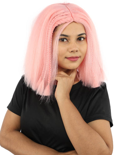 HPO Celebrity-Style 11 Inch Green Rooted Blonde Front Braided Straight Wig | Shoulder-Length Fun, Bold, and Stylish Hairpiece  | Ideal for Halloween, Cosplay, and Themed Parties