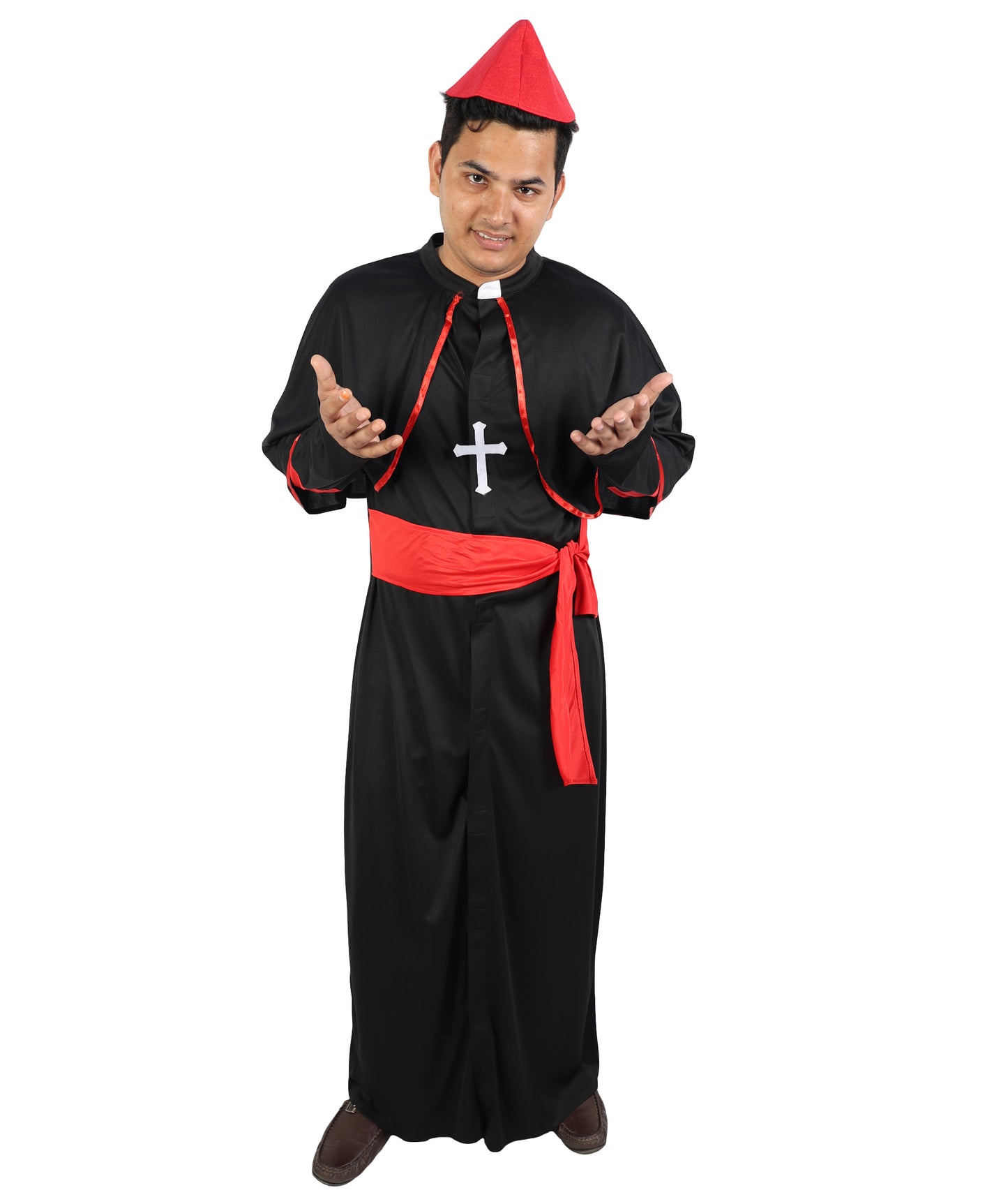 HPO  Men's Clergy Bishop Costume | Traditional Black Cassock Red Robe Sholder Cape Magenta Satin Waist Sash Matching Zucchetto Cap | Halloween Cosplay Theater Drag Performance Costume Events