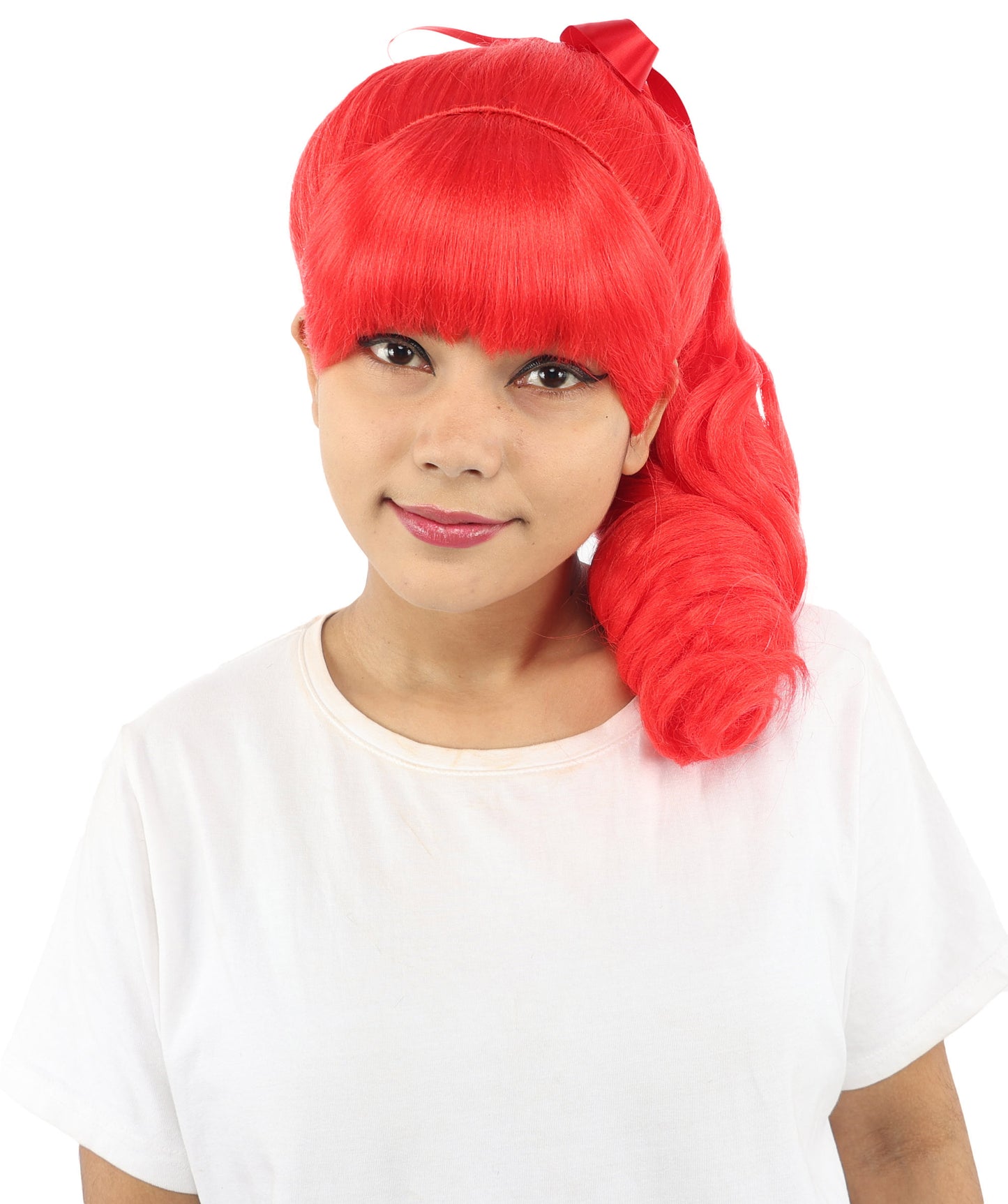 HPO Women's Spiral Ponytail Wig | Multicolor Options | High Updo with Red Ribbon Bow & Bangs, Heat Friendly Synthetic Fiber & Breathable Cap | Halloween, Christmas Event, Themed Party, Theater & Roleplay