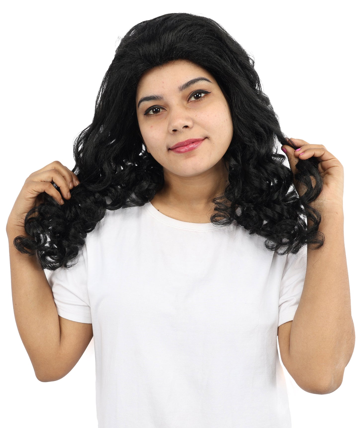 HPO Women’s 16-Inch Medium-Length Black Wig with Soft Curls | Ideal forCosplay, and Themed Events | Elegant, Versatile Hairpiece for Various Looks