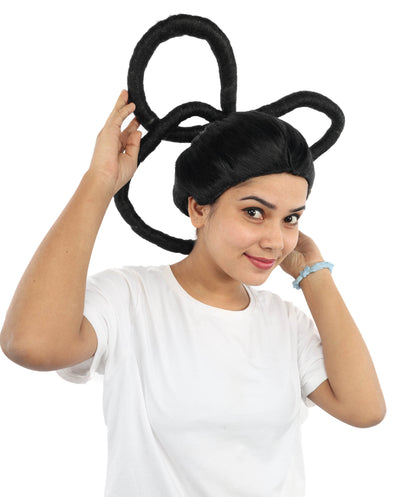 HPO Women's Black Double Loop Buns Wig | Synthetic Updo Hairstyle with Adjustable Cap for Cosplay, Festivals, Stage Performances,  Parties & Photoshoots