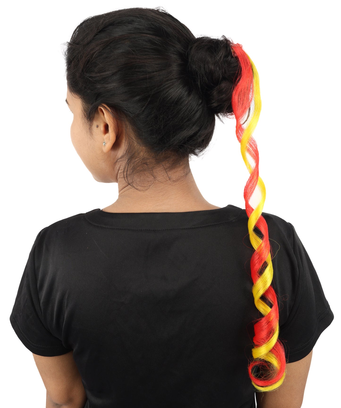 HPO Women's Spain Flag Hair Extension | Coiled red and yellow synthetic fibers featuring a twisted attachment design | Ideal for party, Halloween, cosplay, theater, drag, performance, costume events