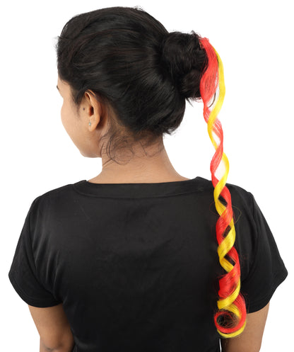 HPO Women's Spain Flag Hair Extension | Coiled red and yellow synthetic fibers featuring a twisted attachment design | Ideal for party, Halloween, cosplay, theater, drag, performance, costume events