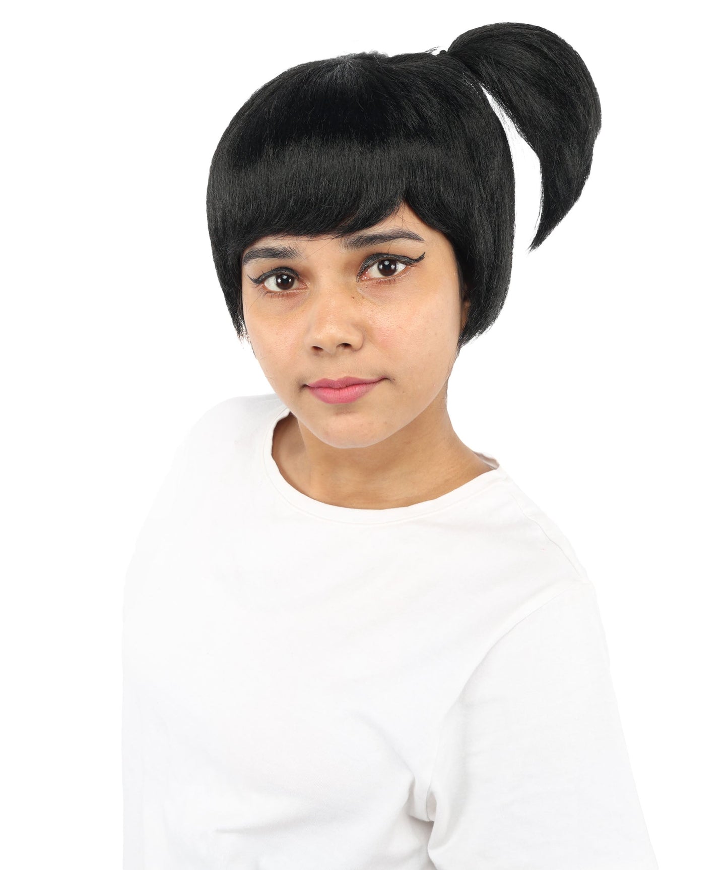 HPO Adult Women's Anime Trainer Character Wig | Vibrant hue multicolor options, create of synthetic fiber, short choppy bob with high side ponytail, breathable base | Cosplay, Halloween, theater, party, performance, costume events