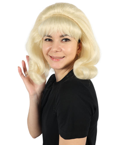 HPO Adult Woman 60's Flick-Up Blonde Wig – Retro Flipped Bob for Vintage & Costume Parties,Premium Breathable Capless Cap with Flame Retardant Synthetic Fiber Hair