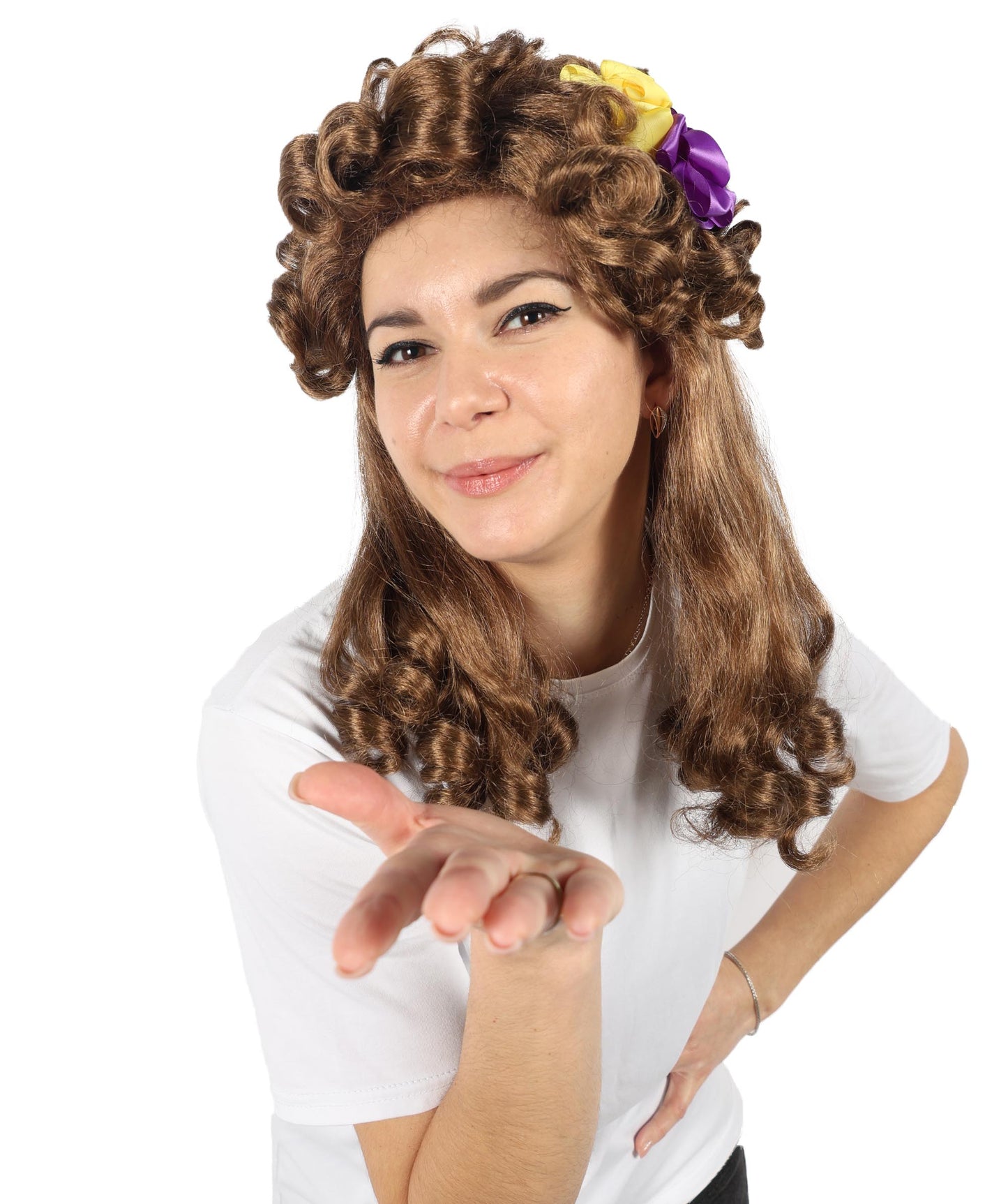 HPO Women's Popular series The Regency Romance Shoulder length Curly Brown Wig | Halloween Wig | Flame-retardant Synthetic Fiber