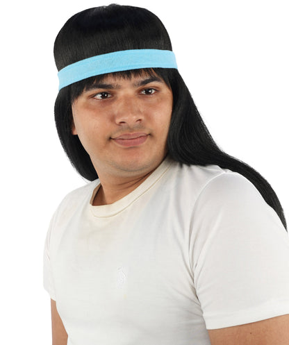 HPO Men's Long Auburn Wig with Headband | Straight Reddish Texture with Blunt Bangs & Included Teal Band, Heat Resistant Fiber | Halloween, Troll Roleplay, Fantasy Party, Carnival & Theater