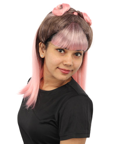 HPO Women's Brown & Pink Half Updo Bangs Wig | Create of synthetic fiber, blunt fringe with top bow, breathable base | Party, Halloween, theater, drag, performance, costume events