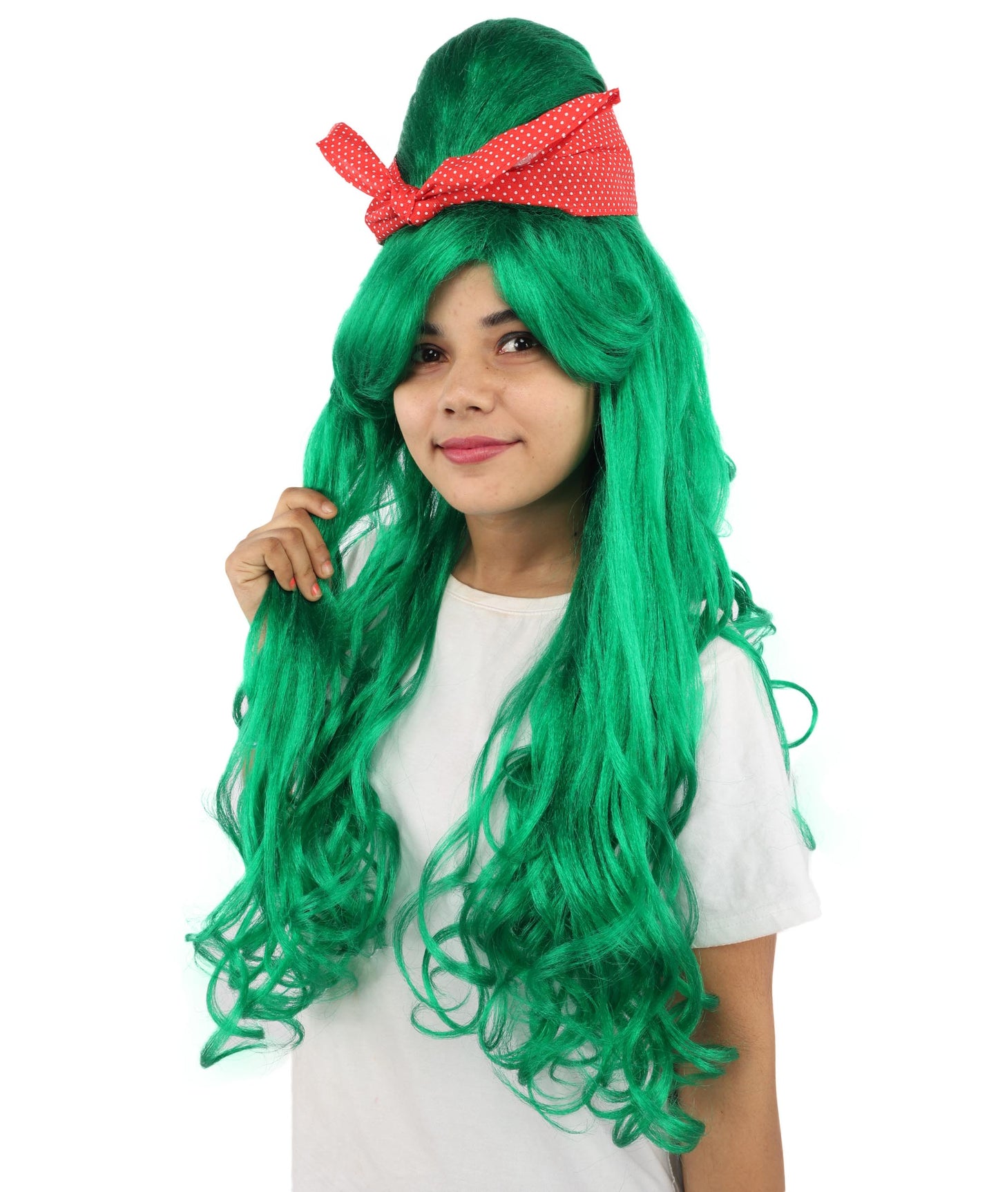 HPO Women’s Retro Beehive Wig with Red Bow | Multicolor Options | Extra Long Wavy Fancy Dress Accessory | Fancy Dress Accessory | Celebrity-Inspired Hair for Halloween, Cosplay & Music Tribute Parties