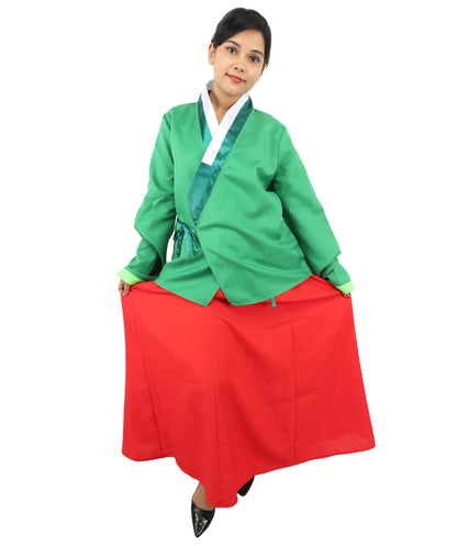 HPO Women’s Anime Herbal Maid Red & Green Costume | Traditional Long Dress with Apron & Waist Bow | Cosplay Outfit for Halloween, Conventions, Stage & Roleplay