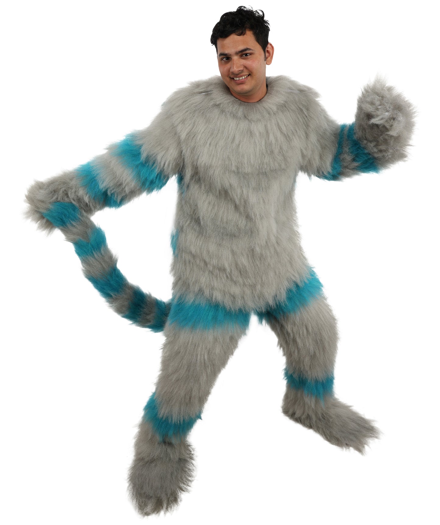 HPO Unisex Cat Mascot Aqua Blue & Ash Grey Animal Costume Bundle & Mask Set with Cap & Cloth – Striped Cartoon Character Body Suit | Outfit for Cosplay & Parties