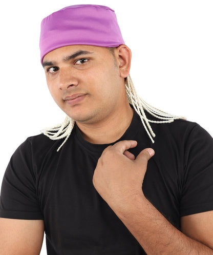 Men’s Movie Character Inspired Black Braided Wig with Purple Head Wrap Hat | Flame-retardant Synthetic Fiber | Ideal Hairpiece for Cosplay & Halloween
