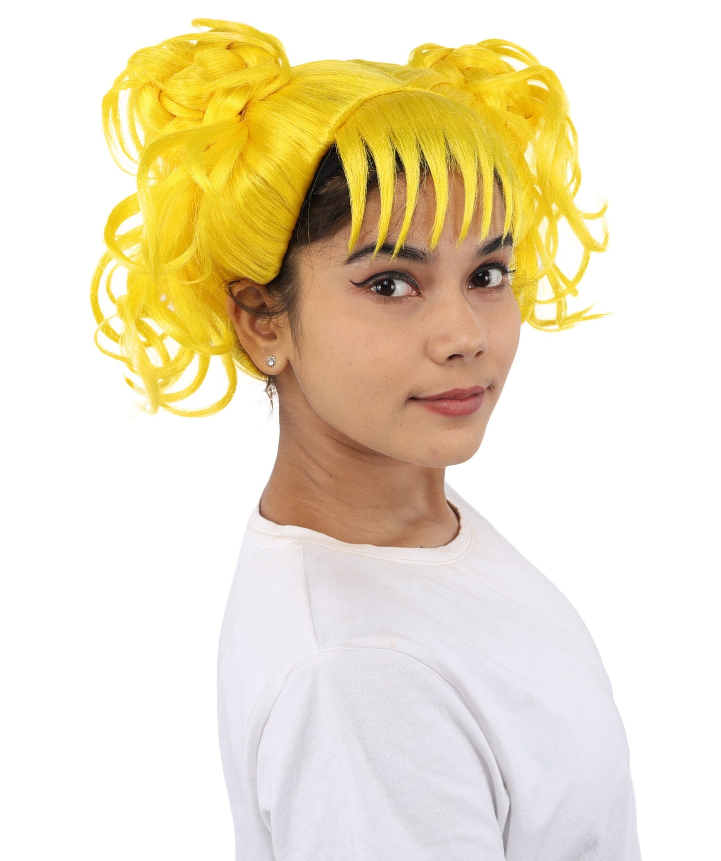 HPO Adult Women’s Messy Twin Bun Wig with Graphic Bangs | Multiple Color Options | Edgy Wig for Cosplay, Fashion Events, Halloween & Stage Wear | Adjustable Cap, Lightweight Synthetic Fiber