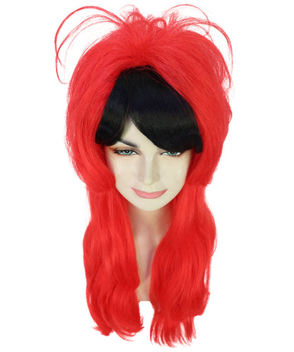 Women’s Punk Red & Black Wavy Long Wig | Edgy Rocker Style for Halloween Themed Parties| Breathable Cap