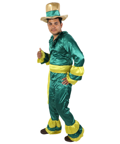 HPO Men's Rumba Dancer Costume | Vibrant Green and Yellow Tiered Ruffle Tunic Flared Jumpsuit Matching Straw Hat | Halloween Cosplay Theater Drag Performance Costume Events