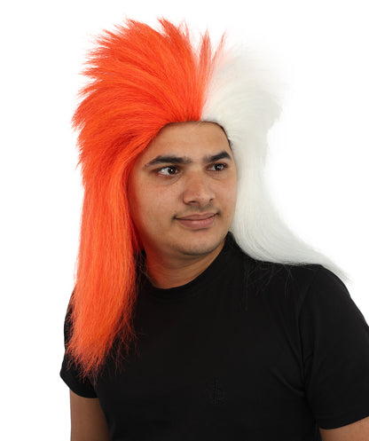HPO Men’s Red & White Mohawk Wig | Flame-Resistant Fan Hair for Sports Events, Team Spirit Parties, Festivals & National Celebrations | Breathable Capless Cap