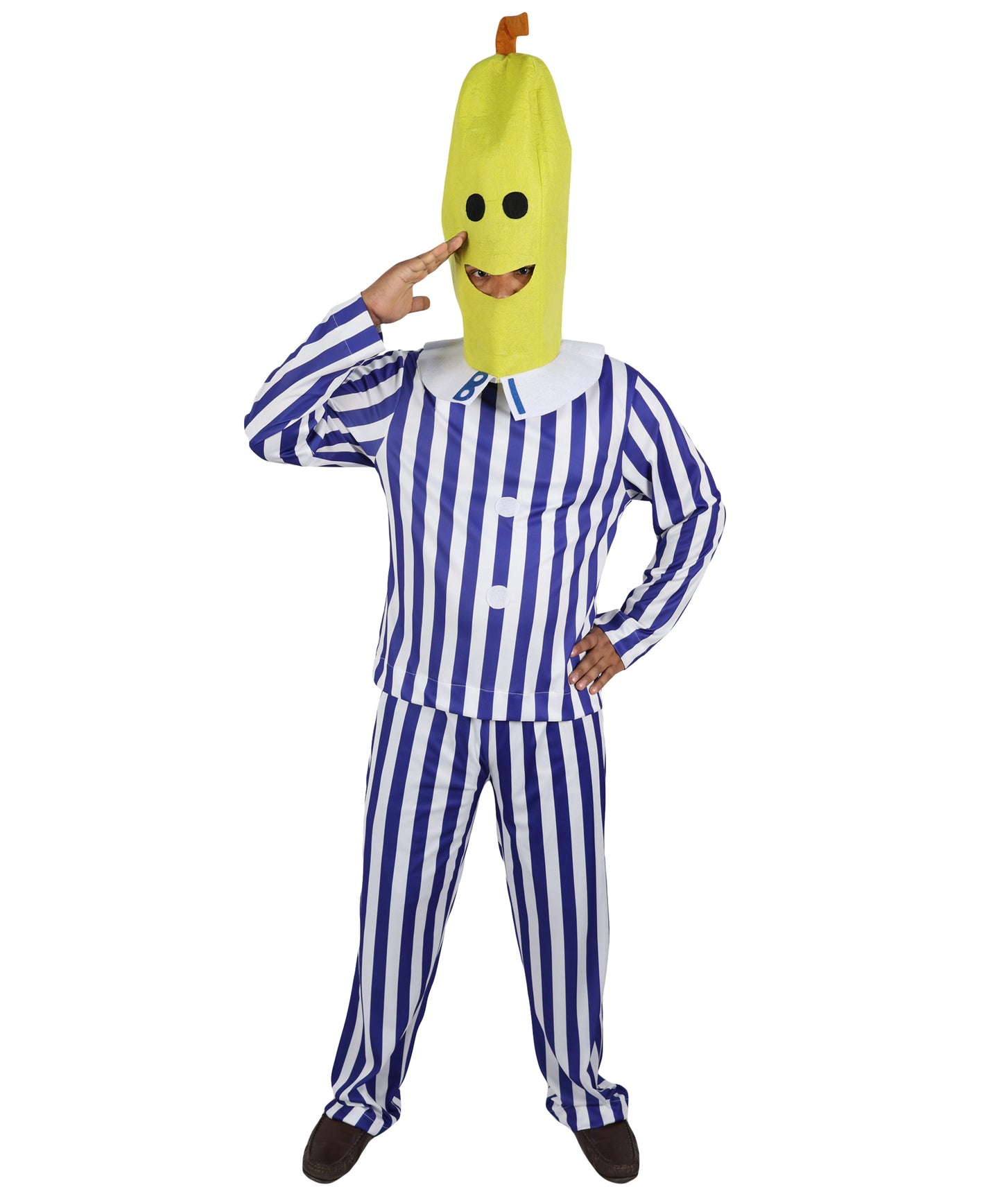 HPO Women's Banana in Pajamas Costume | Classic Blue and White Striped Sleepwear Top and Pants Set Novelty Fruit Character Yellow Mask | Halloween Cosplay Theater Drag Performance Costume Events