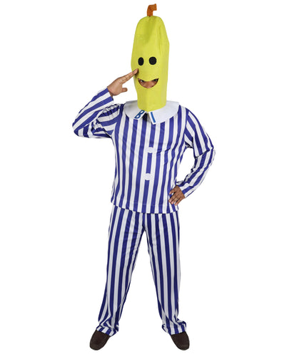HPO Women's Banana in Pajamas Costume | Classic Blue and White Striped Sleepwear Top and Pants Set Novelty Fruit Character Yellow Mask | Halloween Cosplay Theater Drag Performance Costume Events