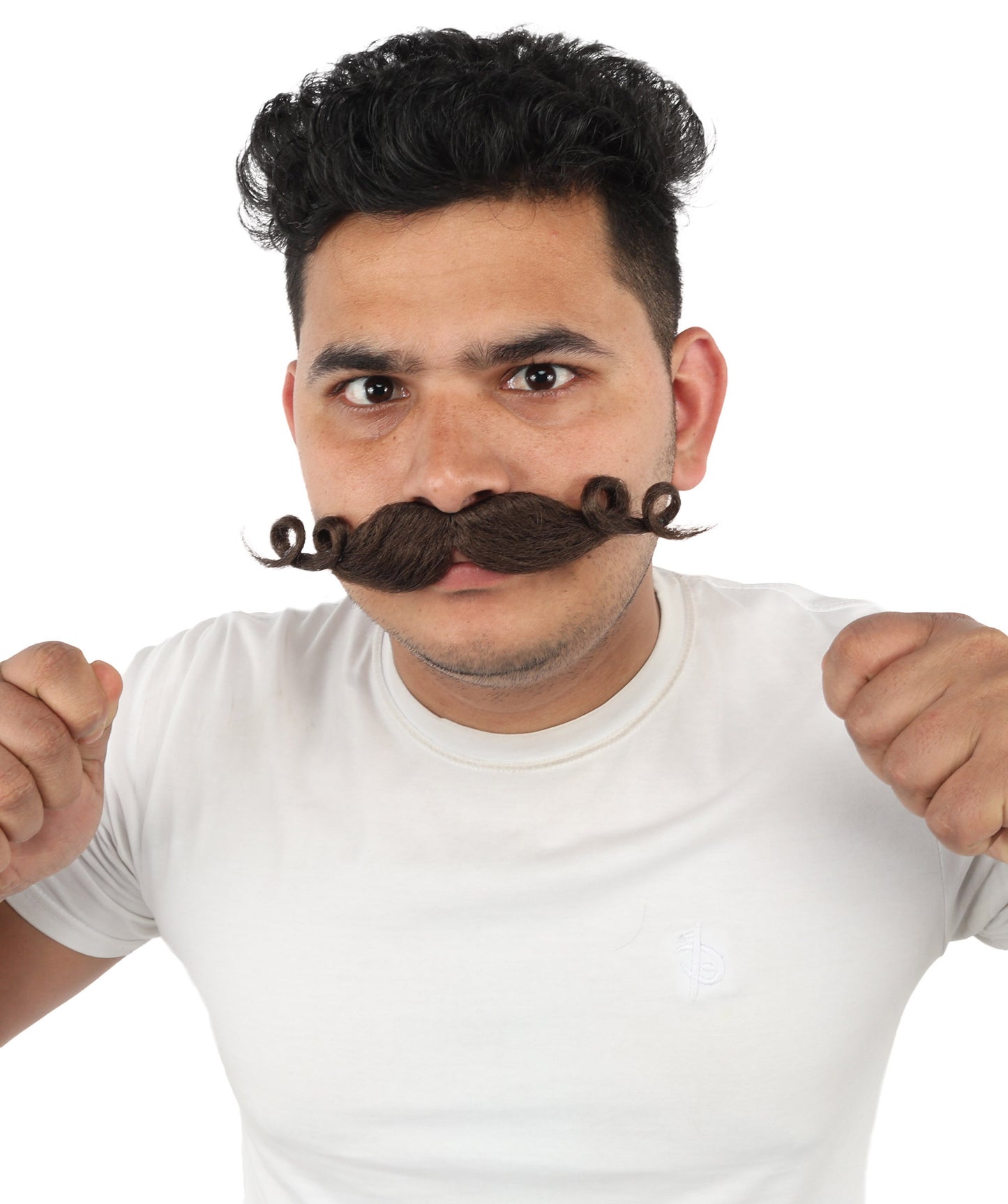 HPO Men’s Brown Curled Handlebar Mustache – Vintage Style Fake Facial Hair for Retro Characters | Ideal for Halloween, Cosplay and Themed Parties