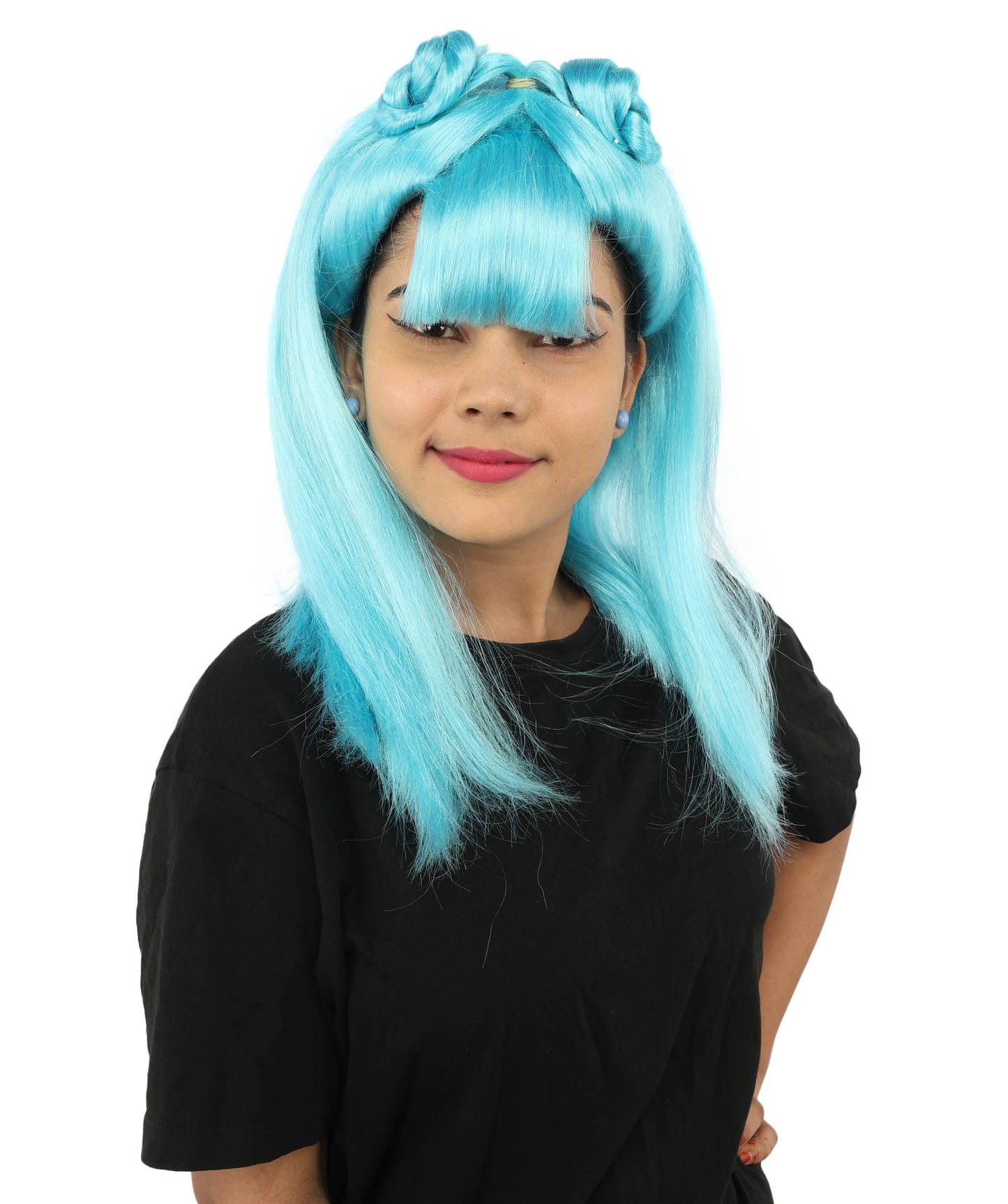HPO Women's Brown & Pink Half Updo Bangs Wig | Create of synthetic fiber, blunt fringe with top bow, breathable base | Party, Halloween, theater, drag, performance, costume events