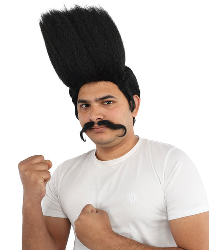 HPO Men's Tall Flat Top Wig and Mustache | Vertical Dark Pompadour with Long Handlebar Facial Hair, Synthetic Fiber & Breathable Net | Halloween, Carnival, Stage Performance & Roleplay