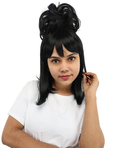 HPO Women's Retro Beehive Updo Wig | Black Hair Style with Straight Bangs | Ideal for Theme Events, Fancy Dress Wear & Party Performances