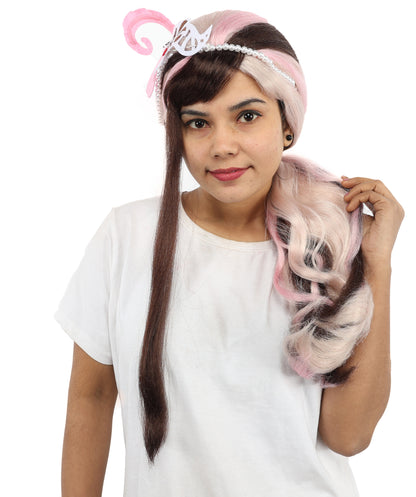 HPO Princess Style Fantasy Ponytail Wig with Feather Crown – Long 23 Inch Dual-Tone Brown & Pink Waves | Ideal for Cosplay, Parties & Halloween