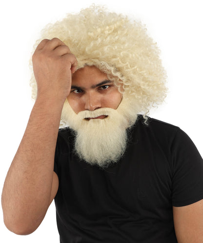 HPO Men's Wild Caveman Orange Wig Beard & Mustache Set | Massive Frizzy Orange Afro and Full Beard Set with Messy Texture | Prehistoric Costume, Viking Cosplay, Halloween, and Funny Party Props
