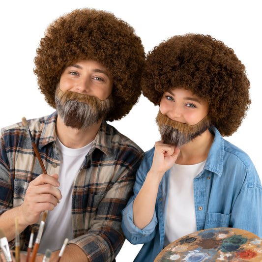 HPO 80s Painter Afro Wig & Beard Set Teen & Adult Brown Curly Hair Bundle
