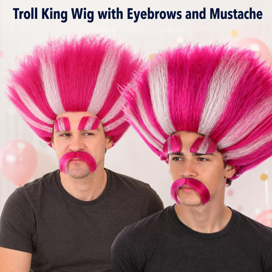 HPO Troll King Wig with Eyebrows Mustache for Adult Teen Bundle Accessory - Tall straight hairstyle with matching facial hair pieces for character styling
