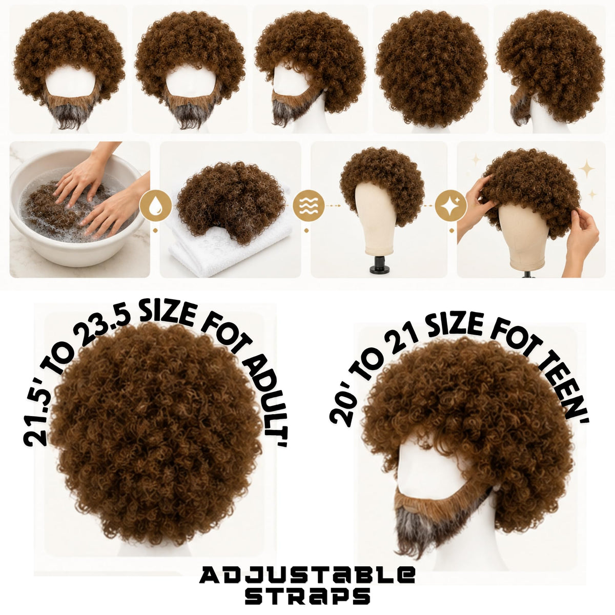 HPO 80s Painter Afro Wig & Beard Set Teen & Adult Brown Curly Hair Bundle - Curl Hair Beard and Mustache Retro Costumes Wigs for Character Styling & Themed Parties