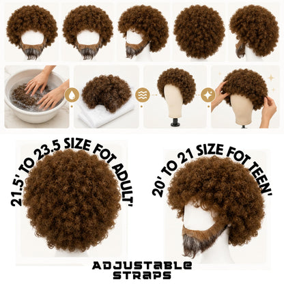 HPO 80s Painter Afro Wig & Beard Set Teen & Adult Brown Curly Hair Bundle - Curl Hair Beard and Mustache Retro Costumes Wigs for Character Styling & Themed Parties