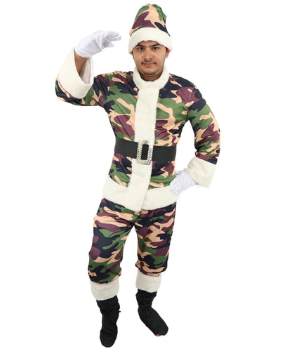 HPO Men's Camouflage Santa Costume | Plush Faux Fur Trimmed Jacket and Pants with Matching Hat | Ideal for Halloween, Theater, Drag, and Outdoor Holiday Events