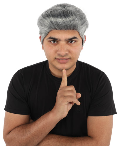 HPO Men's Silver Dark Grey Short Swept Wig | Flame-Retardant Synthetic Fiber with Capless Cap | Ideal for Theater, Halloween and Cosplay