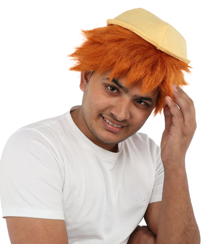 HPO Men's 10 Inch Auburn Wig with Yellow Hat | Short Tousled Style Lightweight Capless Cap | Ideal for Cosplay, Theater & Dress-Up Events