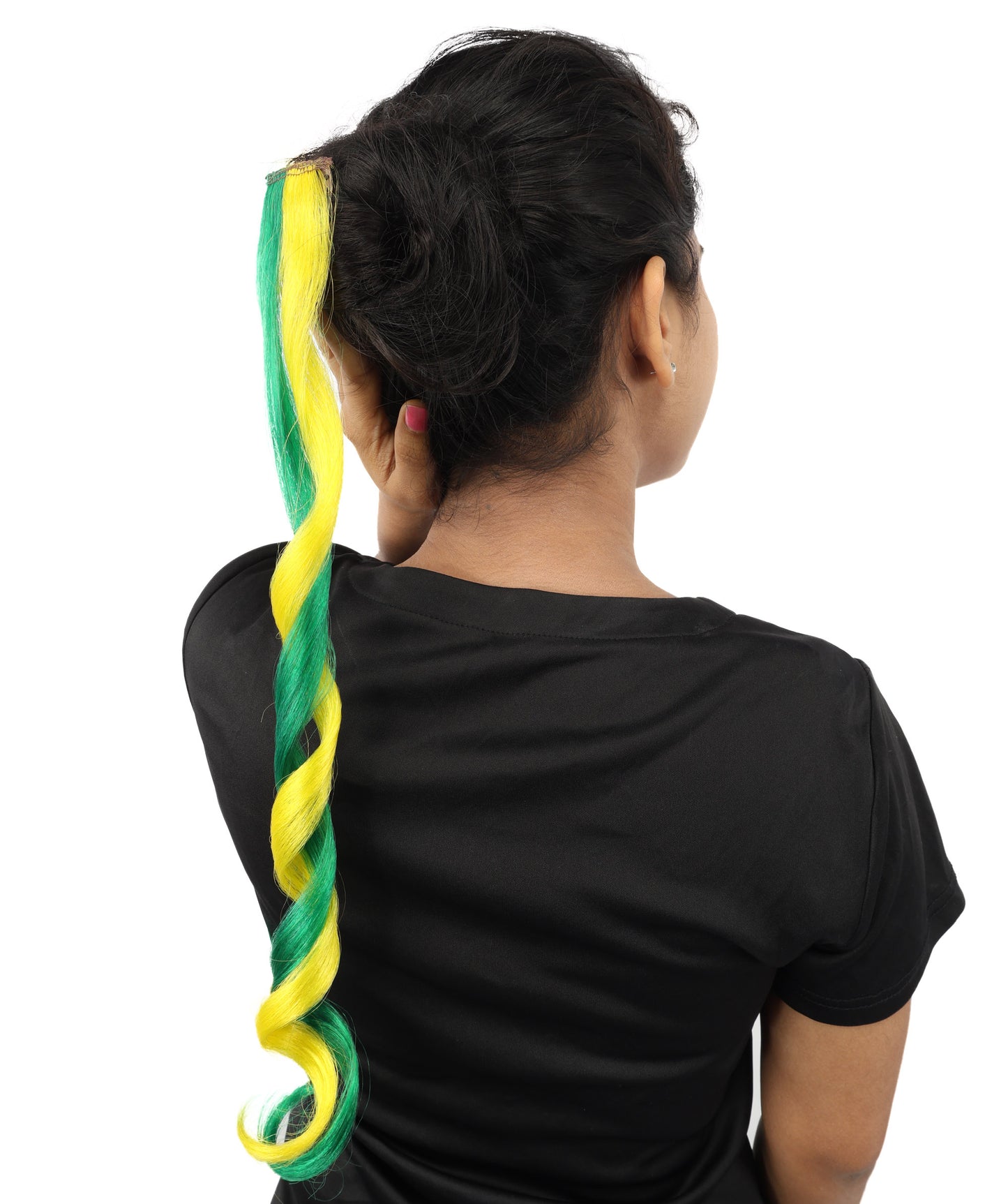 HPO Women's Brazil Flag Hair Extension | Coiled green and yellow synthetic fibers featuring a twisted attachment design | Ideal for party, Halloween, cosplay, theater, drag, performance, costume events
