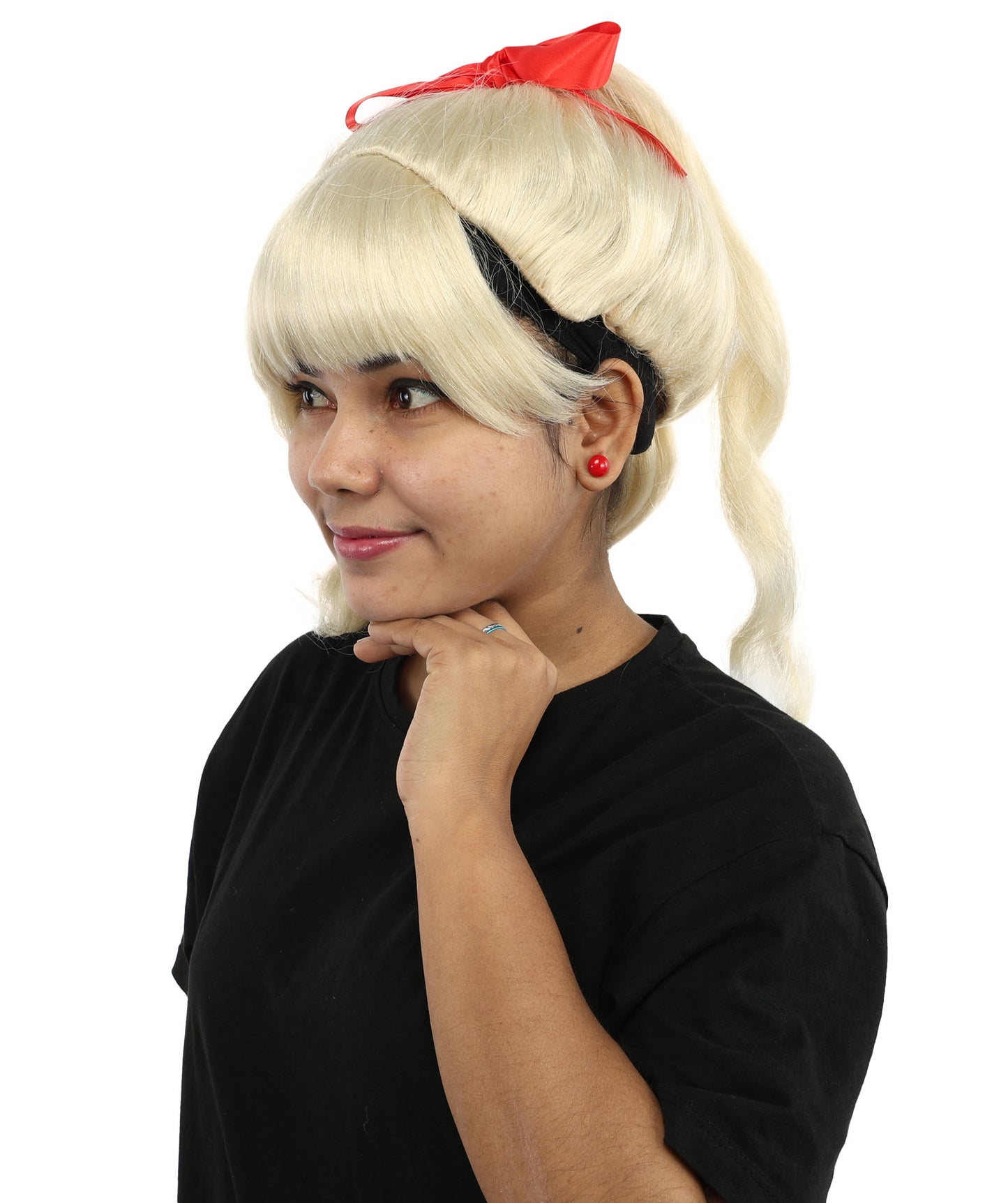 HPO Women's Spiral Ponytail Wig | Multicolor Options | High Updo with Red Ribbon Bow & Bangs, Heat Friendly Synthetic Fiber & Breathable Cap | Halloween, Christmas Event, Themed Party, Theater & Roleplay