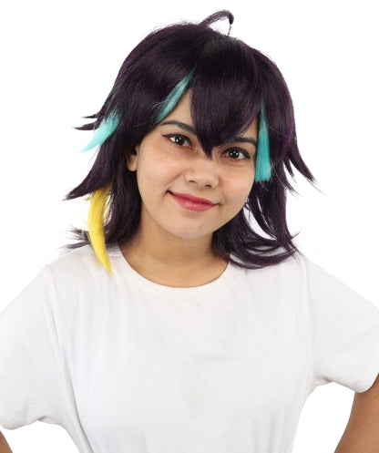 HPO Women's Medium Spiky Multicolor Color Wig | Dark Navy Synthetic Hair with Green Bangs and Amber Streaks | Halloween Roleplay and Video Game Character Style